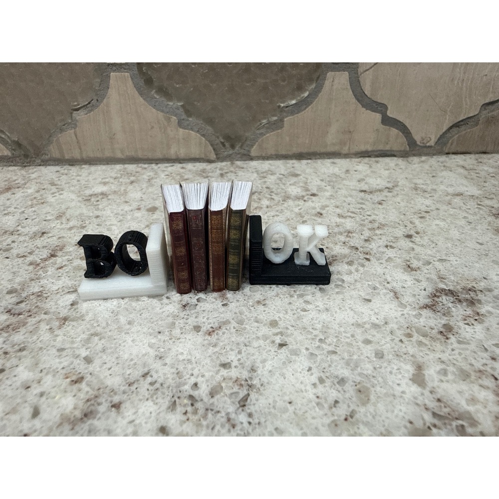 Miniature 3D Printed Bookends Set Tiny Books Dollhouse Decor Black White 2.5in